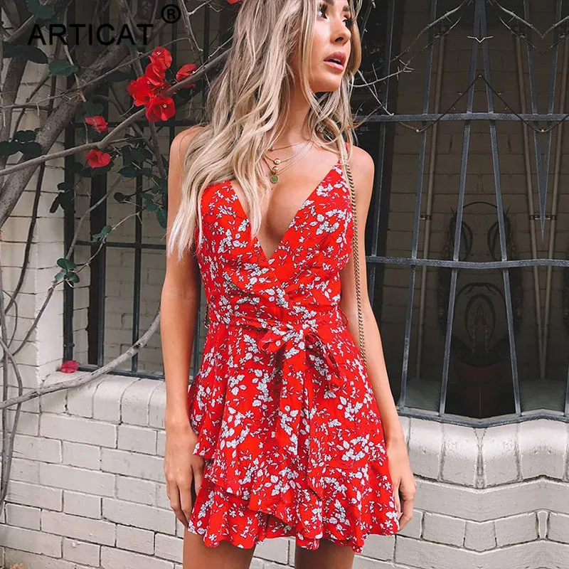 

Articat Floral Print Summer Beach Dress Women Ruffles Spaghetti Strap Sexy Boho Dress Backless Lace-up Strap Wrap Sexy Dress