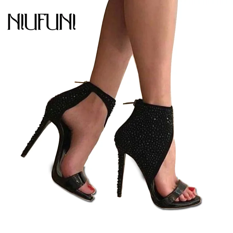 

Women Pumps 2018 Fashion Gladiator Thin Heel Open Toe High Heels Shoes Women Crystal Rhinestone Black Sandals Short Boots Ladies