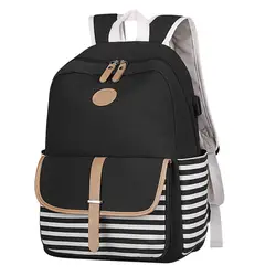 Девушки Женщины Полосатый Холст Школьный рюкзак через плечо с USB интерфейсом сумка Mochilas Escolares Para Adolescentes