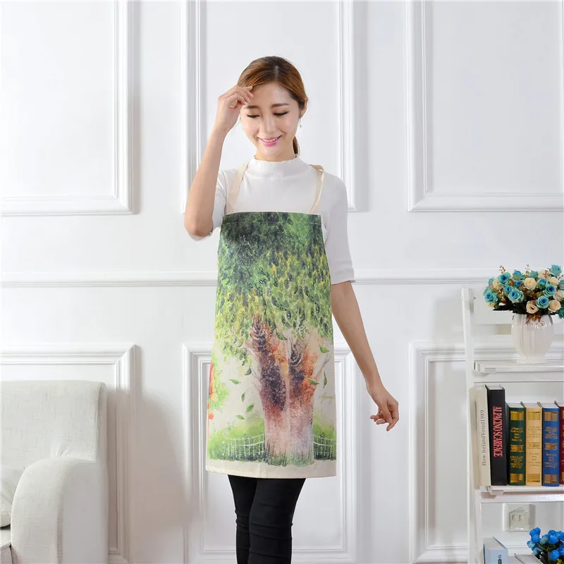 1pcs Cotton Linen Owl Flower Pattern Apron Woman Adult Bibs Home Cooking Baking Coffee Shop Cleaning Apron Kitchen Accessory - Цвет: L