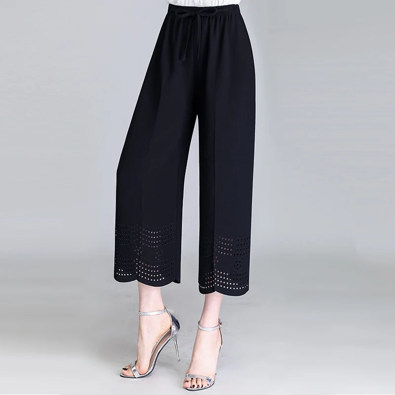 

Spring Summer Solid Wide Leg Pants Loose Pants Hollow Out Ankle Length Pants Women's High Waist Pants Plus Size 5XL