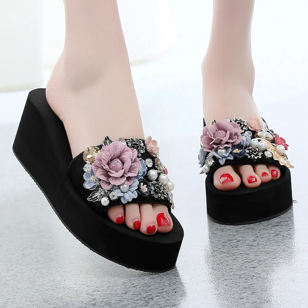 

Women Shoes Summer Slippers Bohemian Open Toe Fashion Non-Slip String Bead Casual Wedge Slippers Pearl Beach Shoes Dropshipping