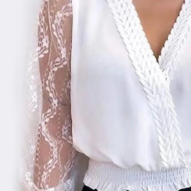 Women's White Deep V-Neck Lace Tunic Tshirt Tops Lantern Long Sleeve Patchwork Sexy Woman Shirt 201