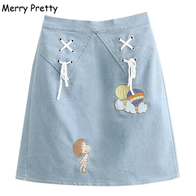 

Merry Pretty Women Cartoon Embroidery Denim Skirt 2019 Summer Lace Up Mini Straight Skirt Casual Basic Pocket Blue Jeans Skirts