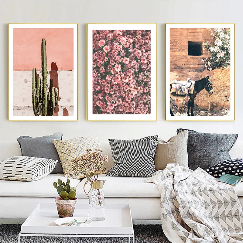 

Nordic Horse Cactus Flower Wall Art Canvas Poster Pink Minimalist Print Painting Scandinavian Decoration Picture Living Room