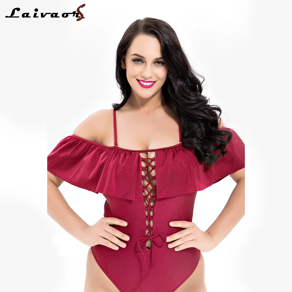 

2018 New One Piece Swimsuit Summer Women Sexy Plus Size Bathing Suits Off The Shoulder Ruffled Monokini Bandage SwimWear2XL-6XL
