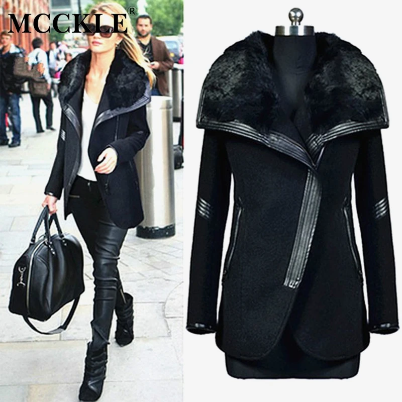 

MCCKLE Women Fur Collar Patchwork Leather Wool Blend Lady Warm Solid Outwear Plus Size 2019 Autumn Winter Female Fashion Jacket