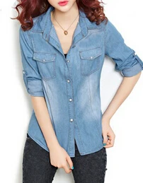 2015 Wanita katun pacar kerah lengan panjang tombol bawah Denim Jean kemeja blus |