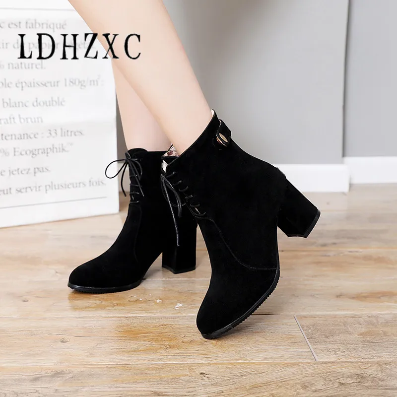 

LDHZXC Chunky High Heels Women Ankle Boots Lace Up Fall Winter Ladies Boots Large Size 47 48 Fashion Shoes Black 2019
