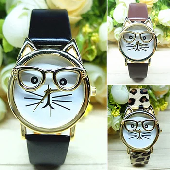 

Brand Unisex Women's Men's Cute Glasses Cat Case Faux Leather Analog Quartz Bracelet Wrist Watch 75IO