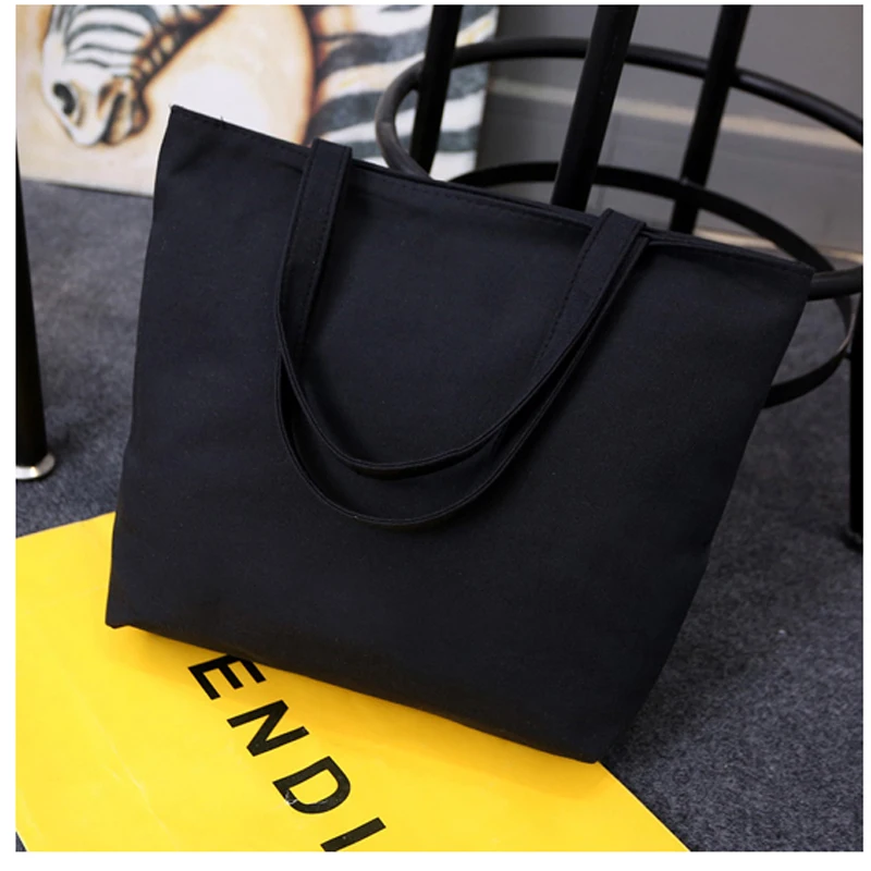 Wholesale White /Black Canvas Shopping Bag Foldable Reusable Grocery