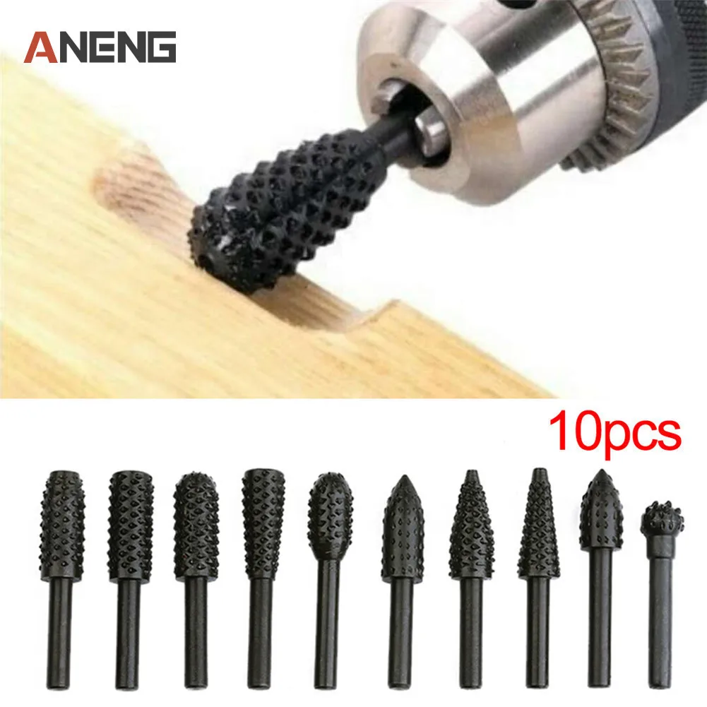 

10pcs 1/4'' 6mm Shank Rotary Burr Set Wood Rasp File Drill Bits Rotary Rasp Set for Woodworking