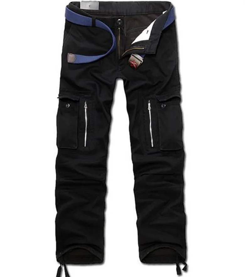 Для мужчин штаны-карго зима плюс флис толстые теплые брюки для мужские двойной слои мульти карман повседневное Военная Униформа мешковатые т - Цвет: black
