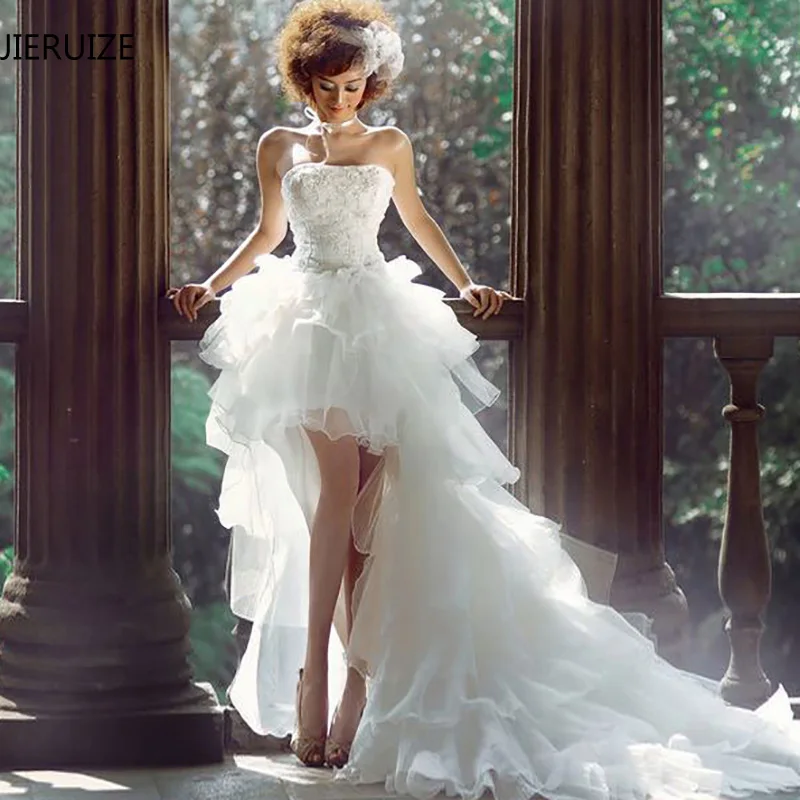 JIERUIZE Witte Organza Hi Low Trouwjurken Kant Applicaties Lace Up Back Voor Korte Lange Rug Bruidsjurken robe de mariee JIERUIZE Witte Organza Hi Low Trouwjurken Kant Applicaties Lace Up Back Voor Korte Lange Rug Bruidsjurken robe de mariee