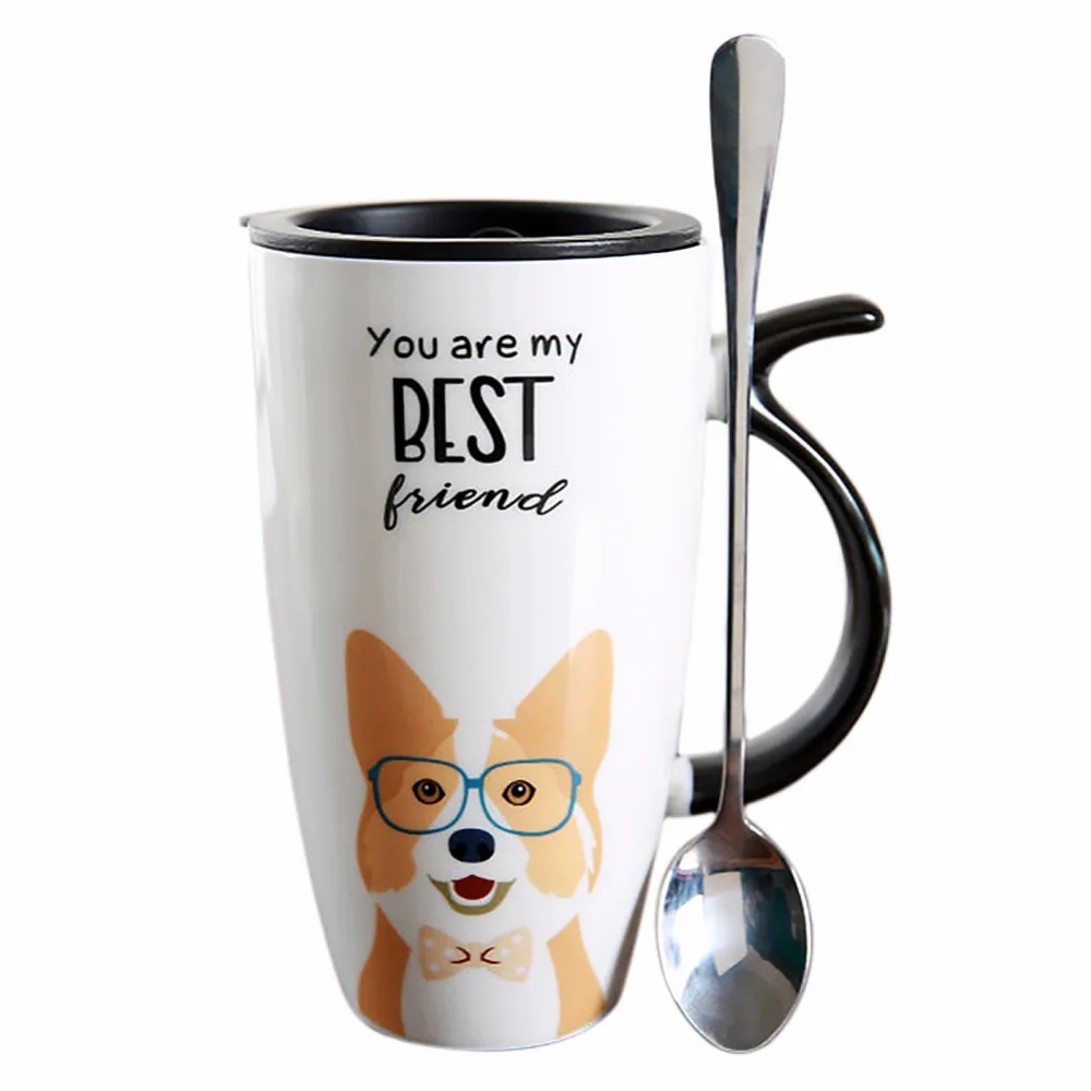 

Cute Dog Style Ceramic Mugs with Lid and Spoon Cartoon Creative Moring Mug Milk Coffee Tea Unique Porcelain Mugs 600ml SH367
