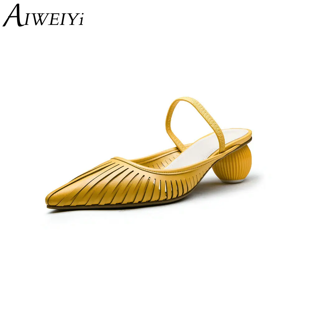 

AIWEIYi Genuine Leather Flip Flops Cutouts Sandals Round toe Strange Style High Heels Summer Beach Slippers