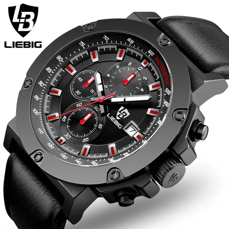 2017 Relogio Masculino LIEBIG Chronograph Function Mens Watches Genuine Leather Luxury Mens Brand Military Wristwatches reloj