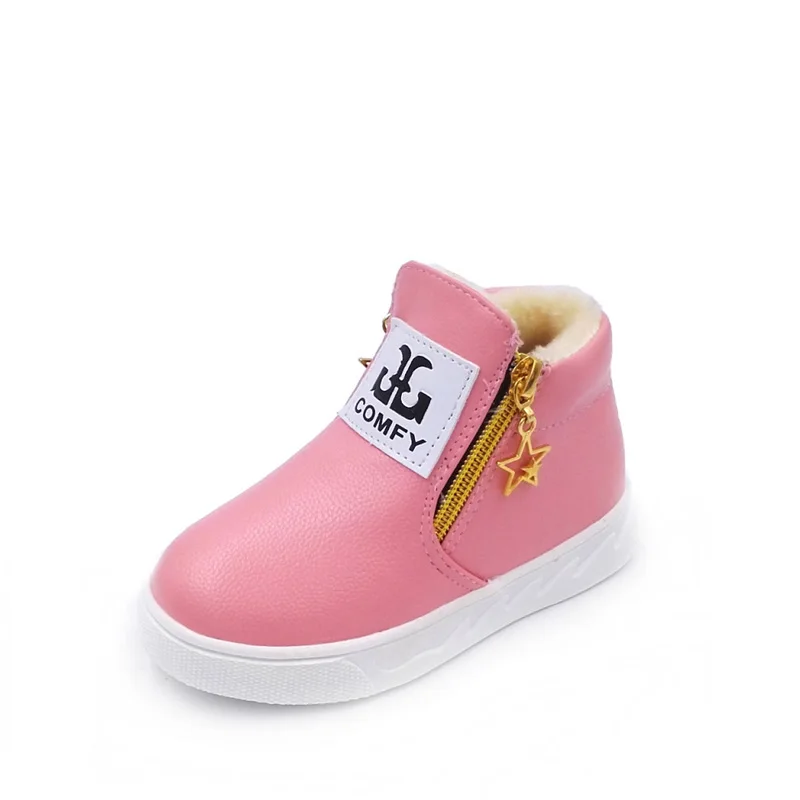 JUSTSL/теплые короткие ботинки для мальчиков и девочек; детские Нескользящие зимние ботинки; детская Модная хлопковая обувь; Size21-36 - Цвет: Розовый