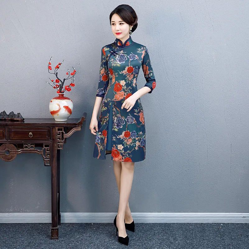 

Fashion Ao Dai Knee Length Polyester Cheongsam Chinese Mandarin Collar Dress Womens Summer Qipao Slim Party Dresses Vestido