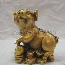 Китайский Зодиак Vintage Pure Bronze Свинья Деньги Монеты Yuanbao Статуя