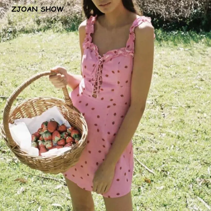 

2019 New Lacing Up On front Pink Strawberry Print Summer Dress Sexy Women Wood ears Spaghetti Strap Mini Short Dresses Vestido
