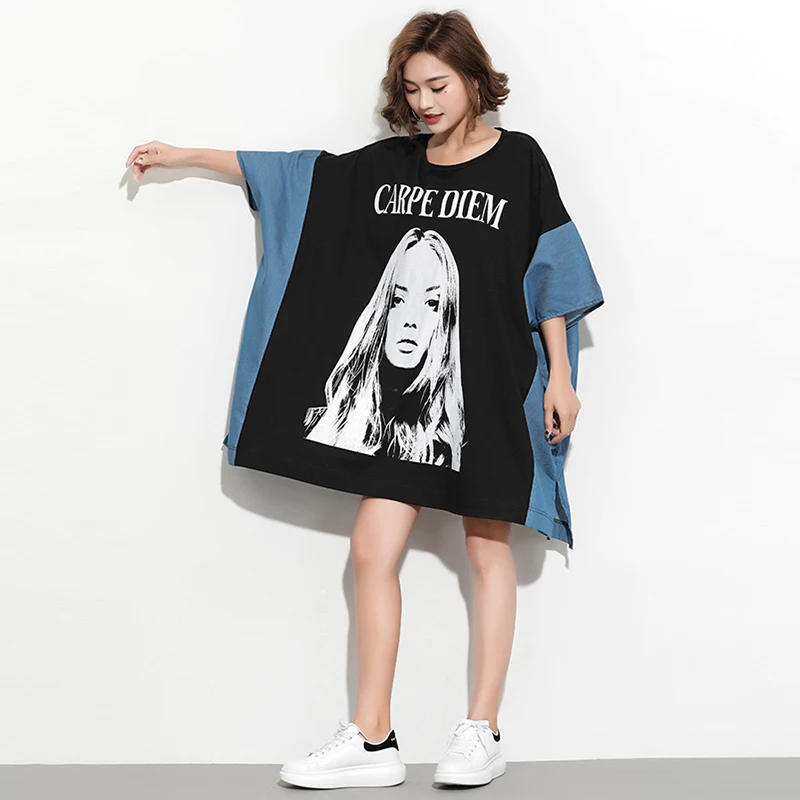 

Spring Summer New Fashion Loose Casual Batwing Sleeve Women Tee Shirt Denim Patchwork Print Long T-shirts Lady Tops C983