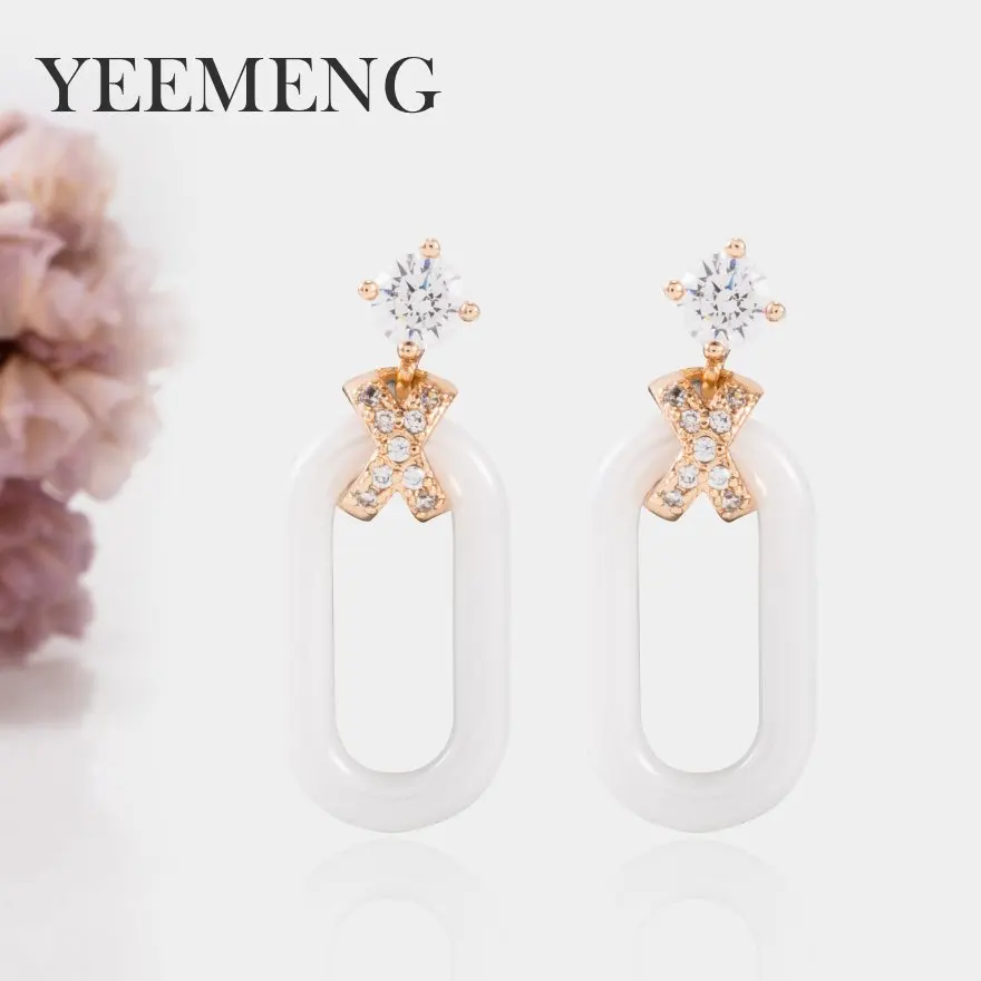 

YEEMENG New Elegant Zircon Drop Earrings Women square Shape Pendant White Ceramic Ellipse Dangle Earrings Jewelry