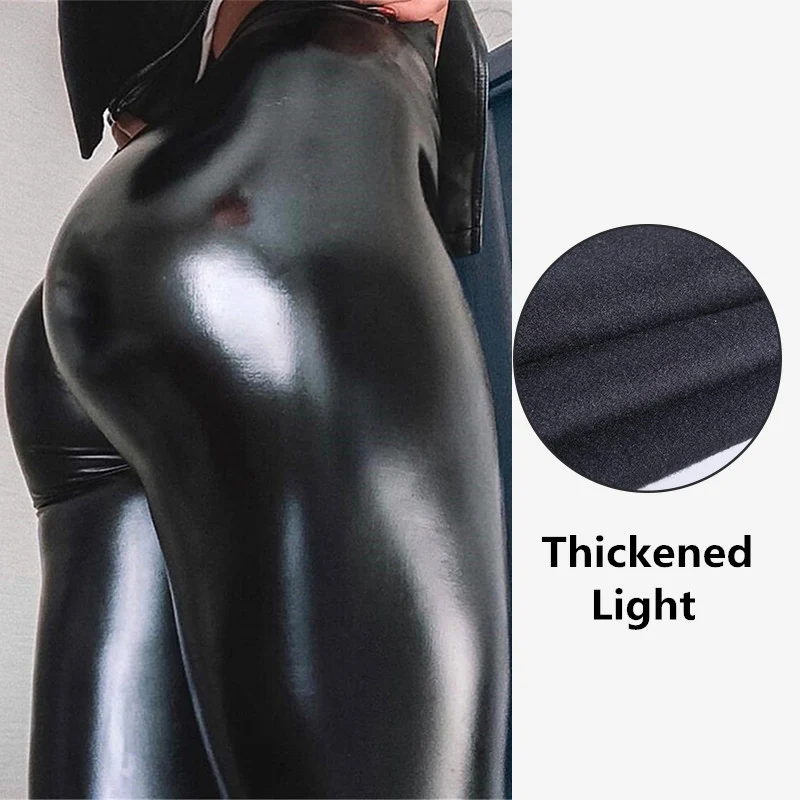 Plus Size PU Pants Leather Leggings Black Push Up Hip New Autumn Womens Thickened Skinny High Waist Slim Trousers - Цвет: ThickenLight