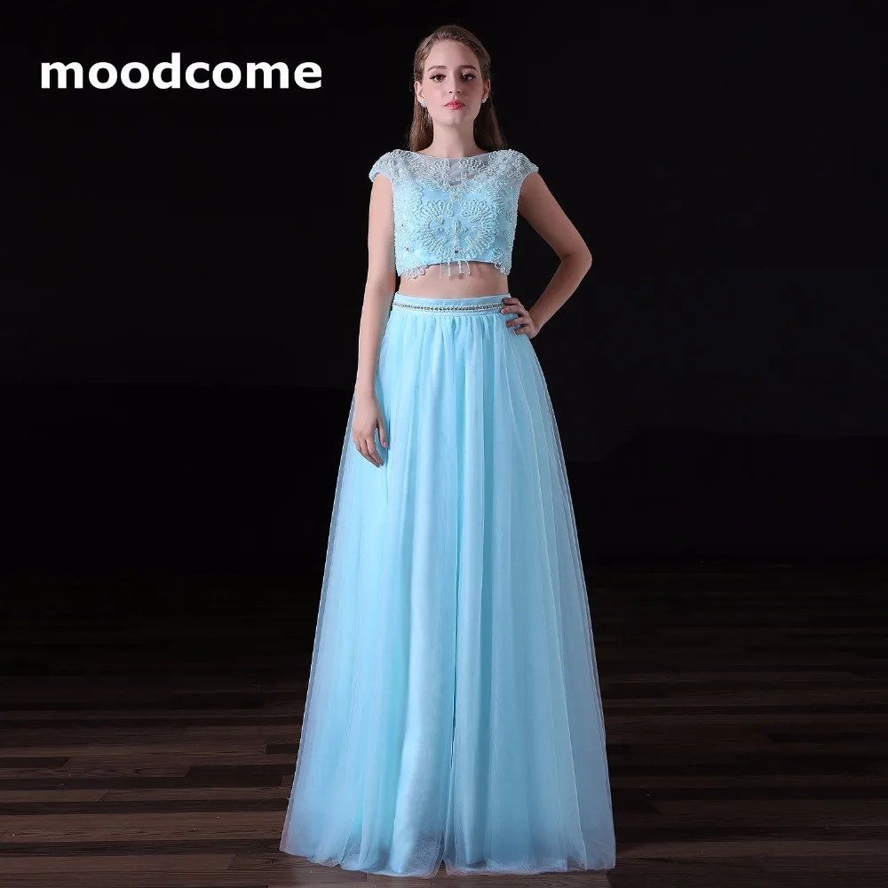 2018 Sexy Crop Top Prom Dresses A Line Tulle Two Piece Applique Beading
