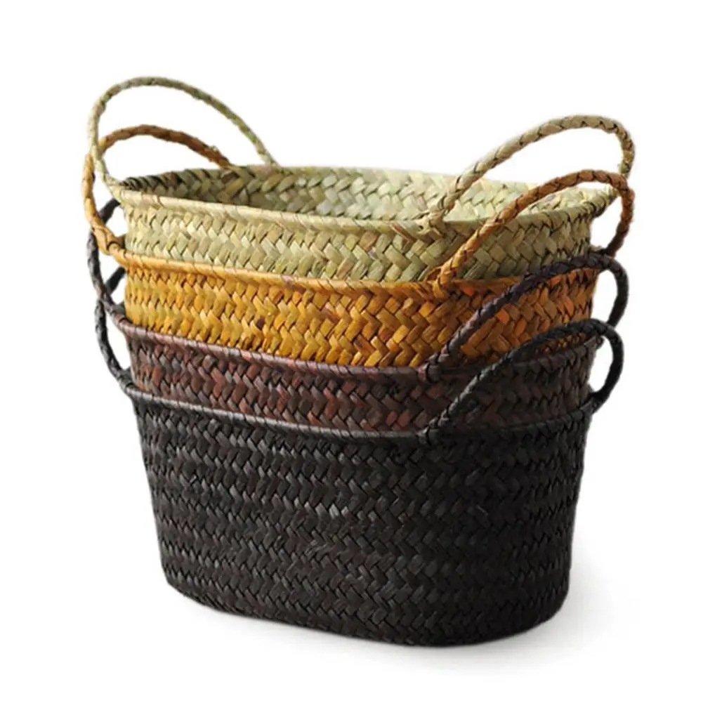 

Handmade Straw Dried Flower Fruit Pot Basket Rattan Box Candy Earphone Organizer Seagrass Belly Garden Decor Pot Planter Basket