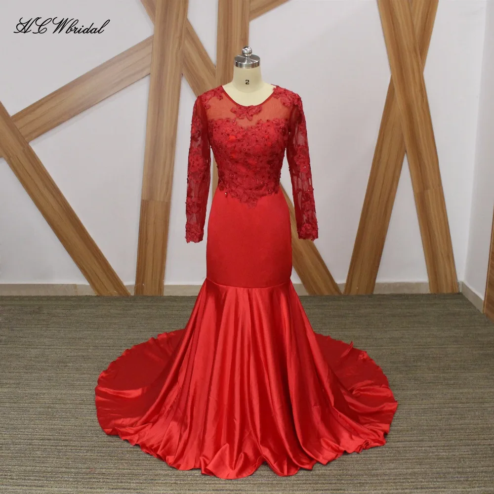 

Wonderful Illusion Red Prom Dresses Beaded Lace Appliques Elastic Mermaid Long Sleeve Evening Gowns Robe De Soiree Cheap