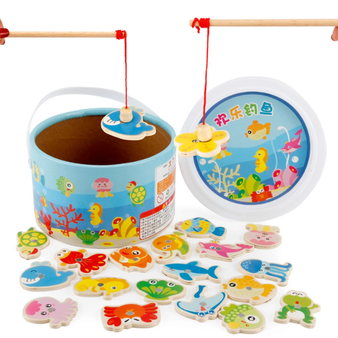 

Free Shipping 1 Set Wooden Puzzles Board Fibre Drum Packaging Magnetic Fishing Games Toys With 20 Cartoon Fish
