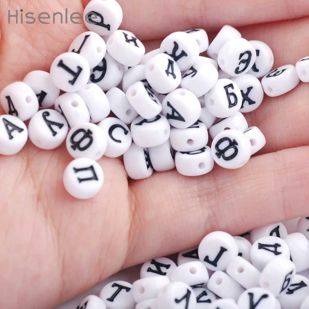 Hisenlee 7 мм 100 шт. белые акриловые бусины с русской буквой черные алфавиты