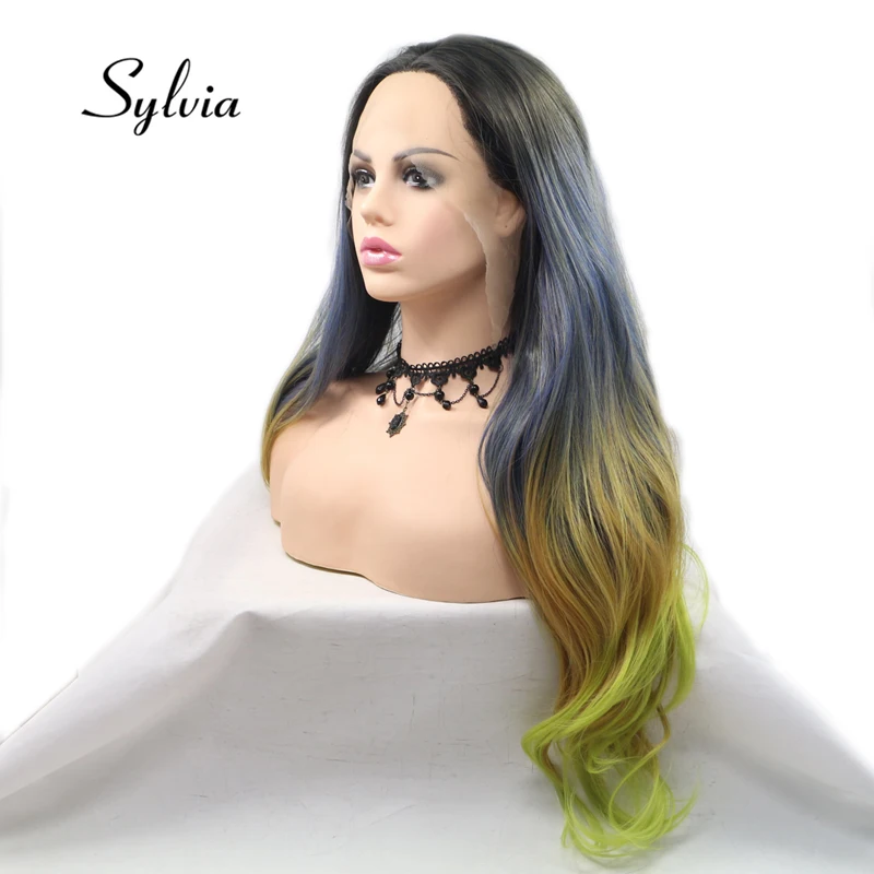

Sylvia Green Multi Colored Synthetic Lace Front Wig With Dark Roots Natural Wave Middle Part Heat Resistant Fiber Hair For Women