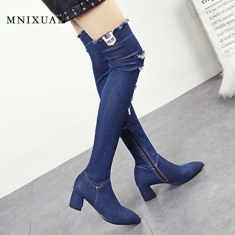 

MNIXUAN women shoes boots over the knee thigh high boots 2018 new pointed toe denim medium thick heels zipper long boots size 43