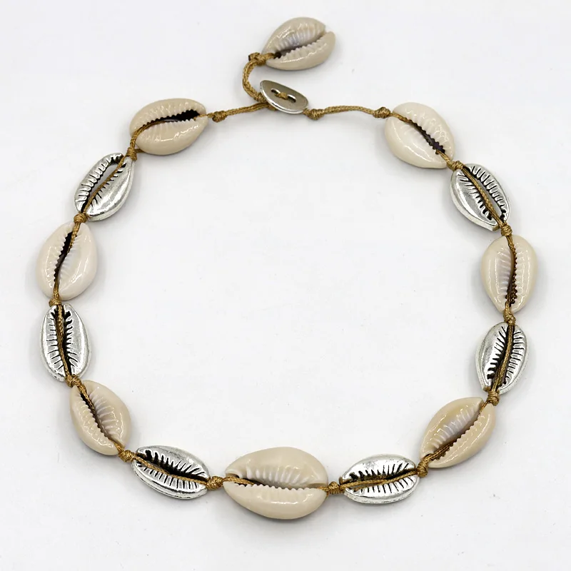 

Ladies fashion charm natural shell necklace handmade rope knotted short necklace alloy shell necklace