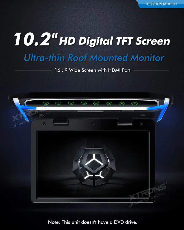 10.2" Monitor 1080P Video HD Resolution Digital TFT Screen Wide Screen Ultra-thin Car Roof Mounted HDMI+ 2 IR Headphones