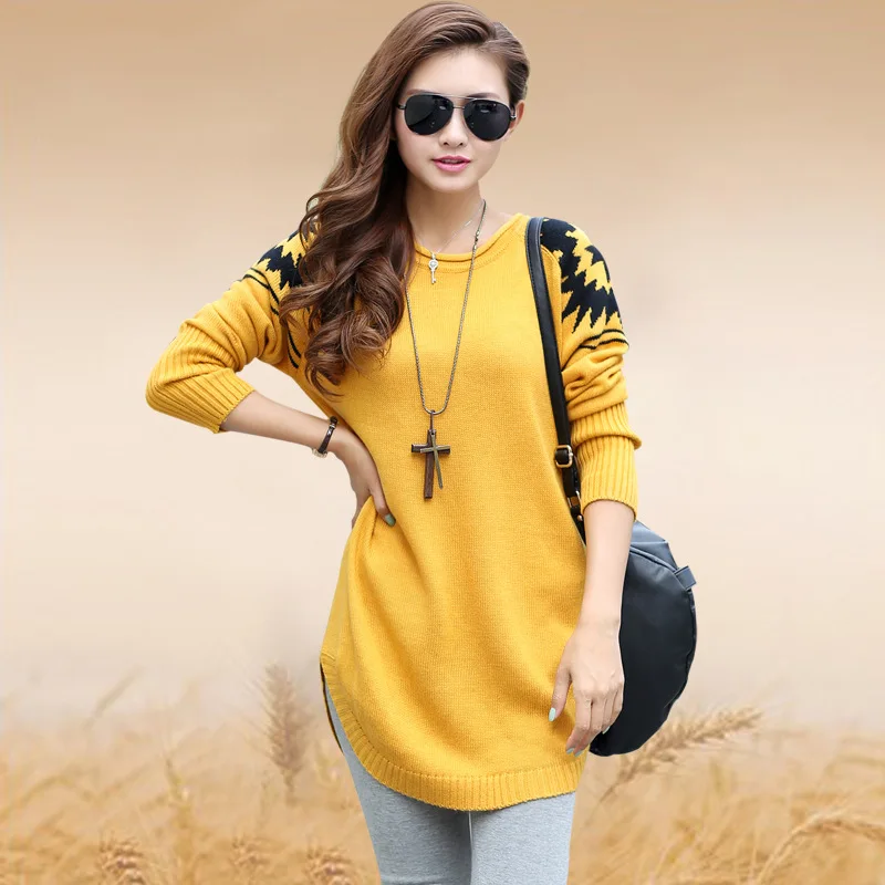 2015 spring Women\u0027s loose plus size sweater ladies casual pullover long sweater women knitted sweater w158 yellow blue pink,in Pullovers from Women\u0027s