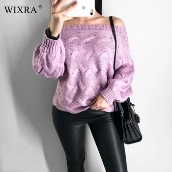 

WIXRA Women Fashion Sweaters And Pullovers Rib Knitted Sweater Slash Neck Knitwear Casual Long Sleeve Jumper Tops AW101