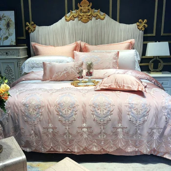 

100% cotton high quality home hotel textile printing 6pcs bedding set adult lace royal design tribute silk duvet pink cover set