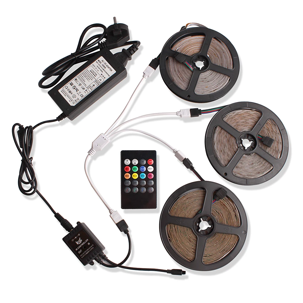 

2835 15M 5M RGB LED Strip 12V Waterproof Ribbon Tape Flexible Neon LED Light with RGB Music Controller Power Adapter Living Room