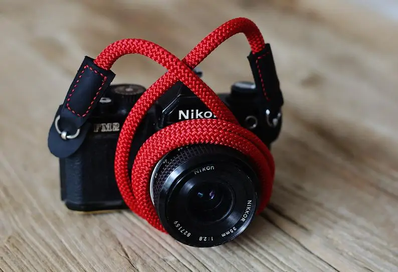 COOL pure red climbing rope 8mm black leather handmade Camera neck shoulder strap &amp Windmup |