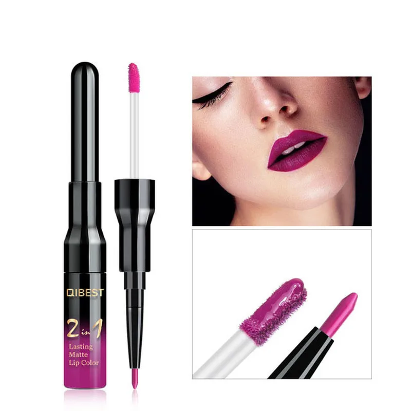 

20 colors 2 in 1 lip gloss + lip liner matte non-stick cup liquid lipstick double lip pen