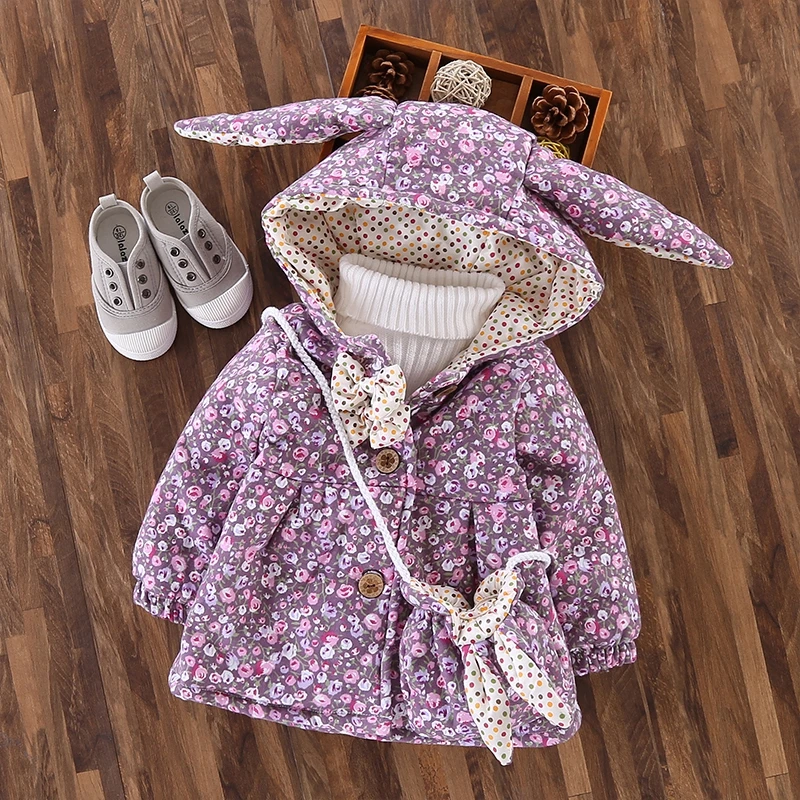 

Winter Cotton Baby Girls Floral Print Rabbit Ear Hooded Bow Kids Jacket Coat Children's Outerwea