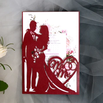 

Bride and Groom Paper Cut Silhouette Laser Hollow Wedding Invitation Card with Ribbon for Wedding Party Decoration