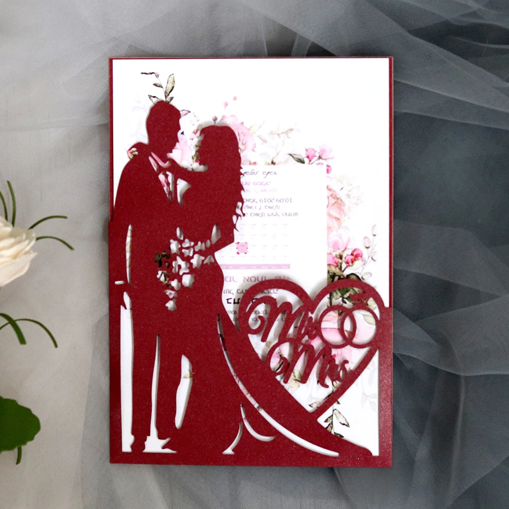  Bride and Groom Paper Cut Silhouette Laser Hollow Wedding Invitation Card with Ribbon for Wedding P - 33052581714