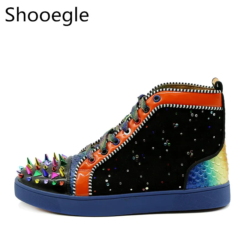 

Men Colorful Rivets Casual Shoes Head Spike Lace Up Men Camping Shoes Mixed Color Crystal Stud High Top Patchwork Flats