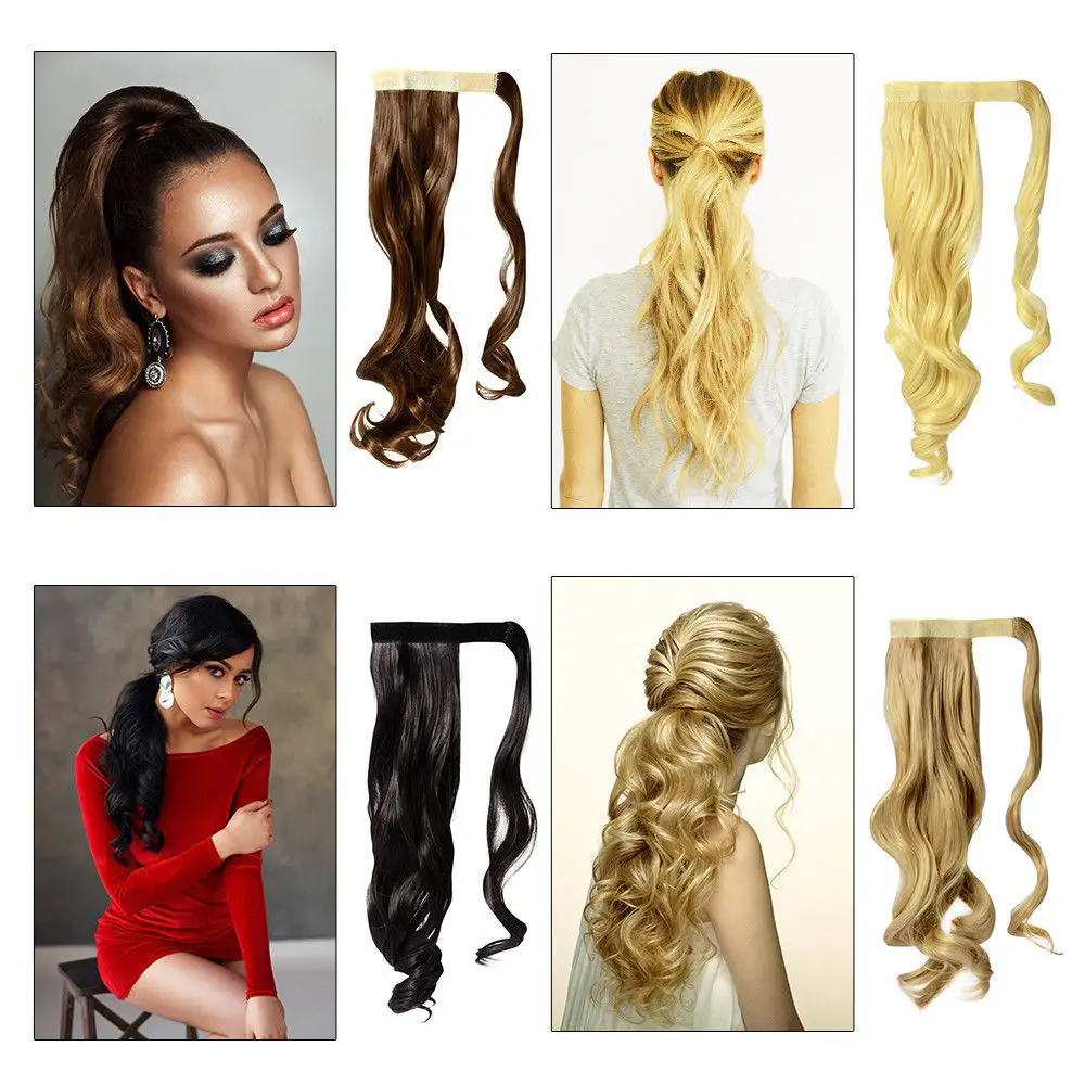 SNOILITE 43CM Long Wavy Real Natural Ponytail Clip in Pony tail Hair Extensions Wrap Around on Synthetic Hair Piece