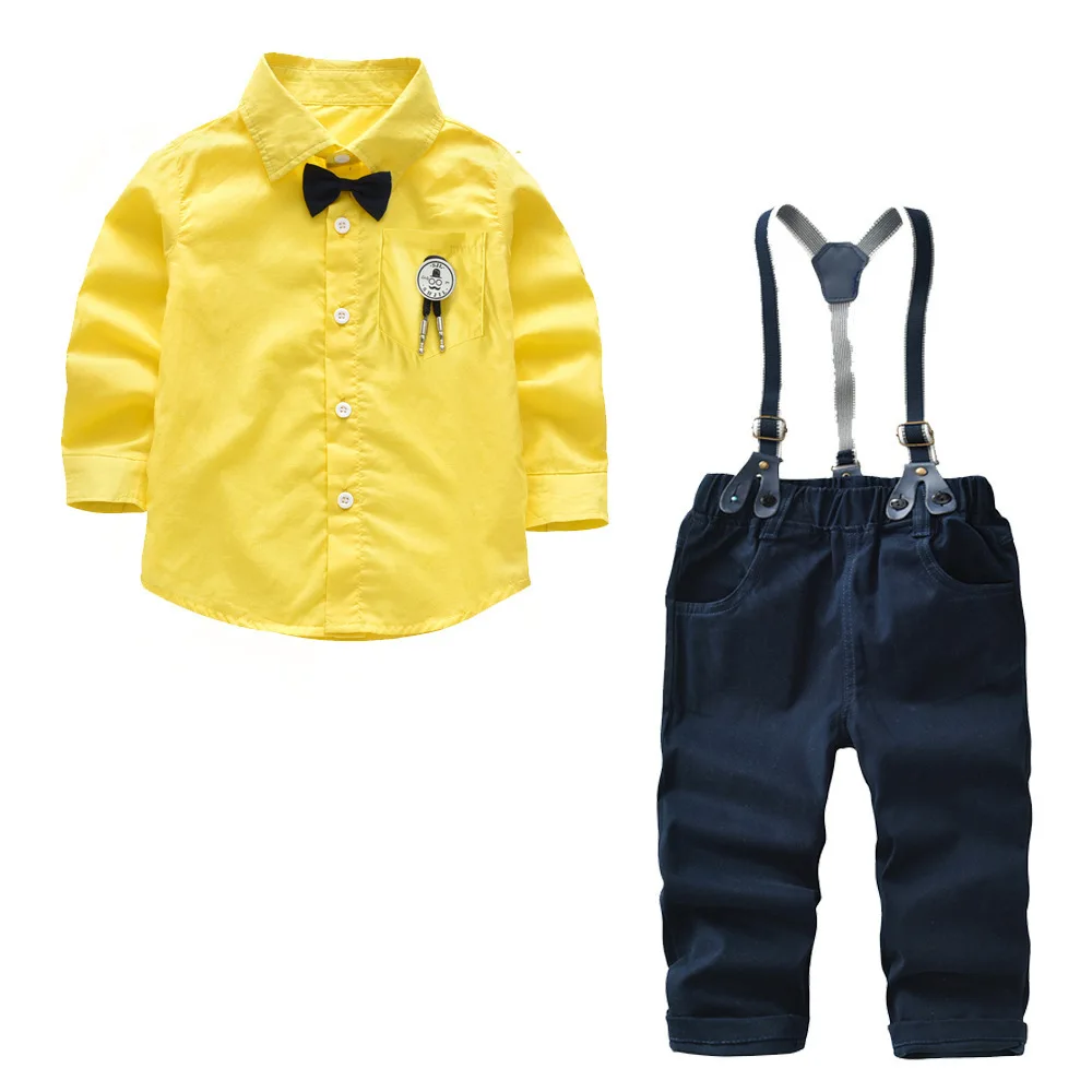 

New Boys Cotton Lapel Pendant Red Bow Tie Long Sleeve Shirt + Strap Pants Set Children's Gentleman 2 Pieces Suits