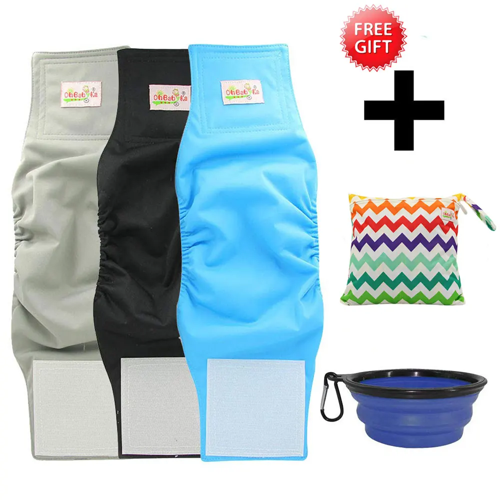 

Ohbabyka Reusable Male Dog Diapers Hook&Loop Adjusted Boys Cloth Diaper 3Pcs with 1Free Wet Dry Bag and Food Bowl